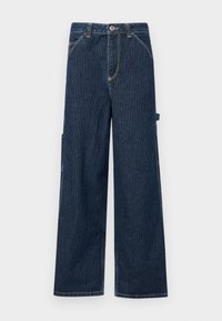 Jeans cargobyxor i mörkblått med vertikala vita ränder, vida ben, framfickor och sidoficka för extra funktionalitet.