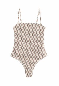 Costum de baie dintr-o singură piesă cu bretele subțiri și ajustabile, material crem cu un model paisley maroniu, siluetă ajustată cu decupaje înalte la picioare.