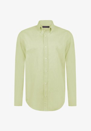 Jasnozielona koszula z długim rękawem, wykonana z teksturowanej tkaniny, z kołnierzykiem zapinanym na guziki i subtelnym haftowanym logo na piersi.