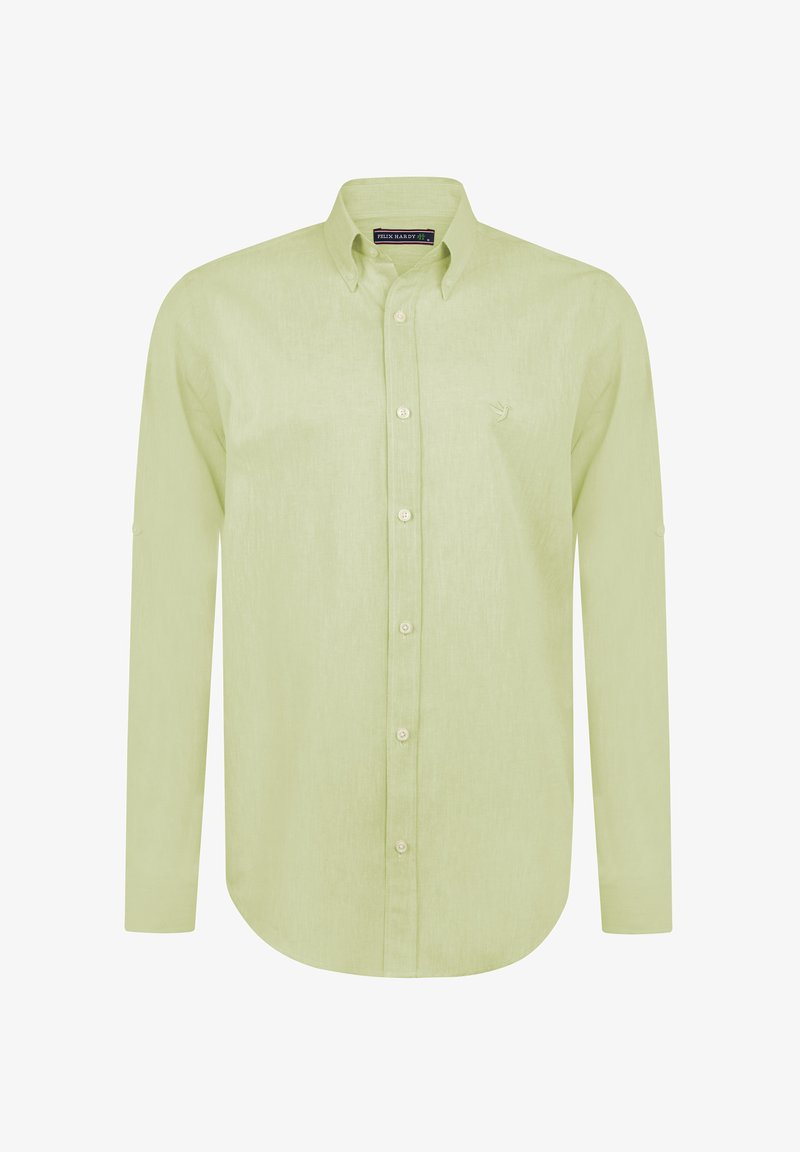 Camisa de manga larga verde claro hecha de una tela texturizada, con cuello abotonado y un sutil logo bordado en el pecho.