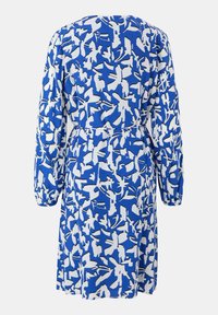 Blaue und weiße gemusterte Kleid mit langen Ärmeln, elastischen Bündchen, einem Taillengürtel und rundem Ausschnitt. Verfügt über eine fließende Silhouette.