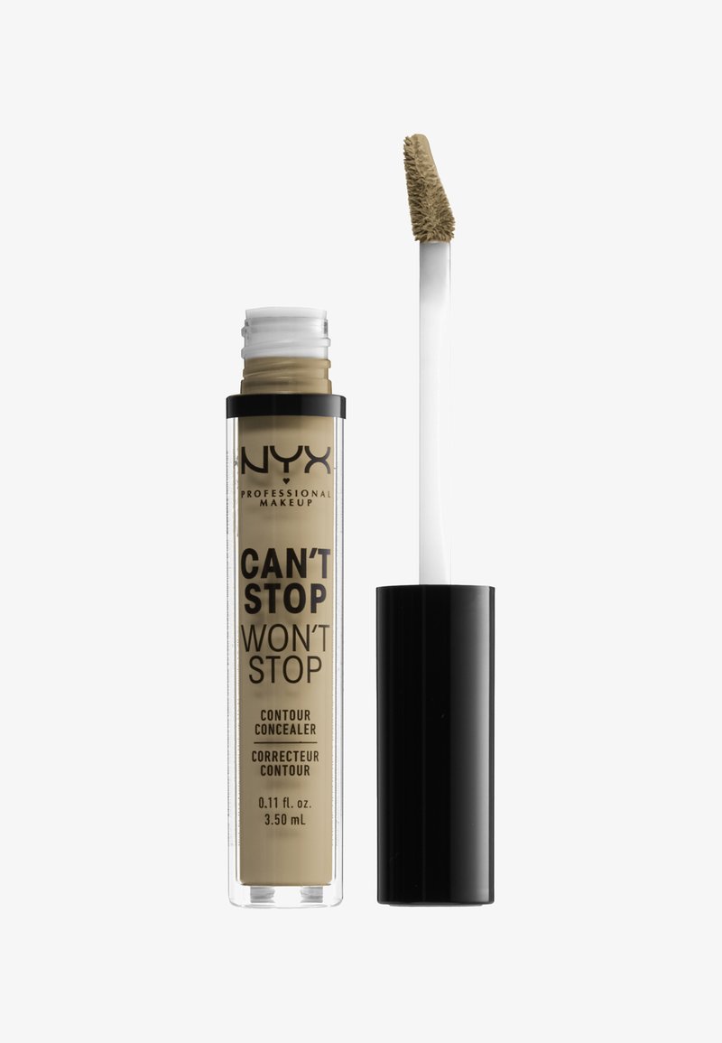 NYX Can't Stop Won't Stop contour concealer in een doorzichtige tube met zwarte accenten, met een zachte applicatietip en een lichtbruine vloeistof binnenin.