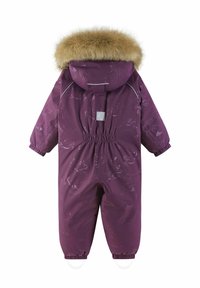 Purple snowsuit with a faux fur-lined hood, elasticized cuffs, and playful animal patterns. Features a zipper closure and a drawstring waist.