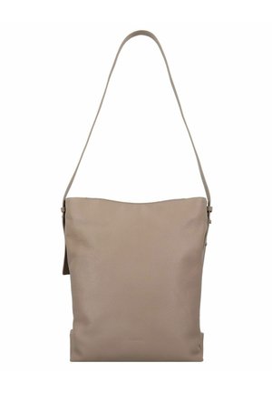 Borsa a spalla in pelle beige con una superficie liscia, una tracolla regolabile e una forma morbida e non strutturata. Presenta una chiusura superiore con cerniera.