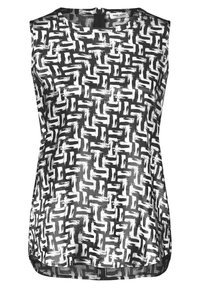 Top senza maniche in bianco e nero, con un motivo geometrico e una texture a pennellate. Collo rotondo e dettaglio a chiave sul retro.