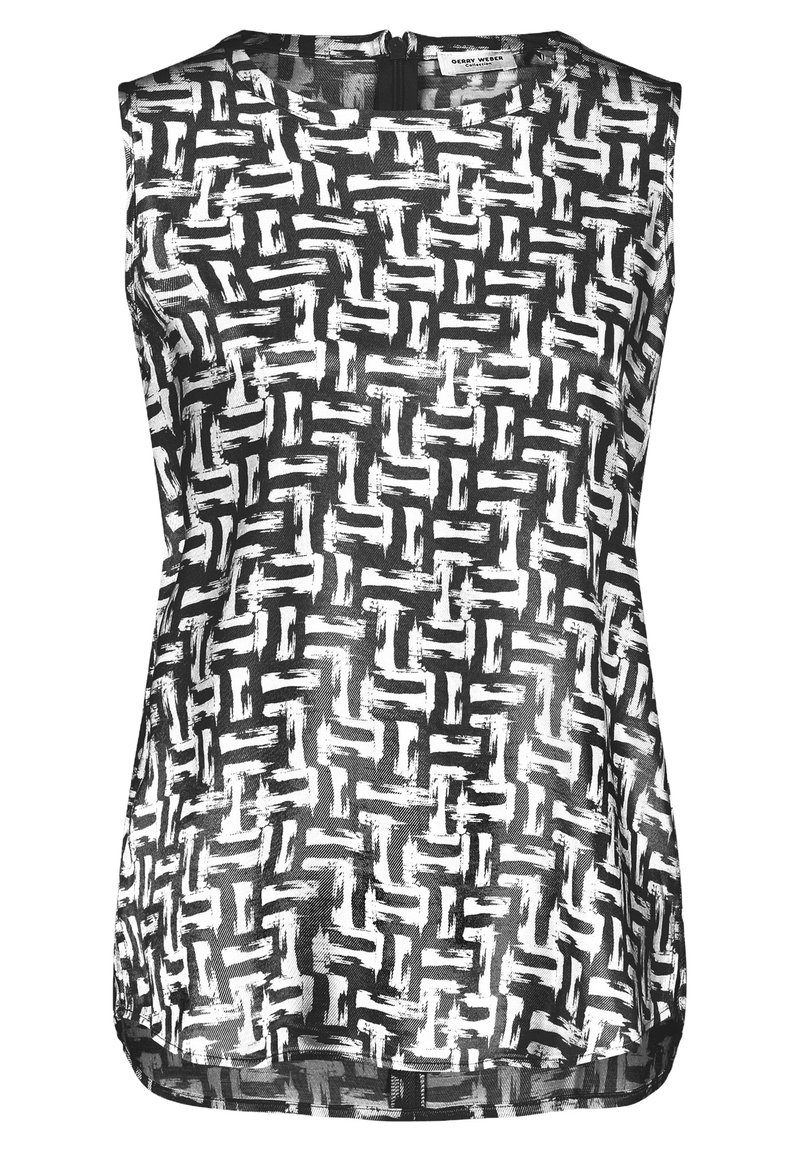 Top senza maniche in bianco e nero, con un motivo geometrico e una texture a pennellate. Collo rotondo e dettaglio a chiave sul retro.