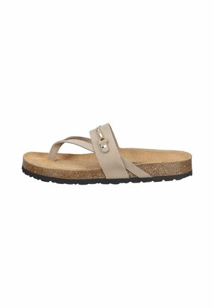 Beige sandal with cork footbed, single wide strap with decorative buckle, toe loop, and black textured rubber sole.