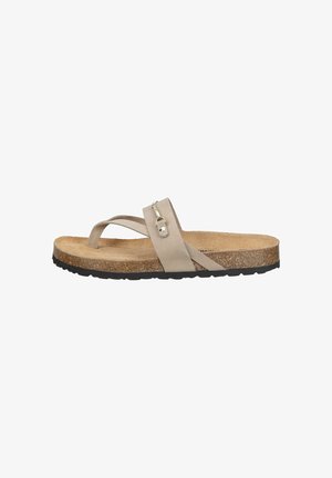 Beige sandal with cork footbed, single wide strap with decorative buckle, toe loop, and black textured rubber sole.