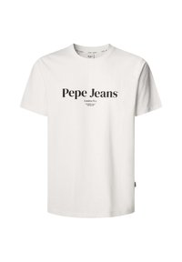 Camiseta de algodón blanca con un logotipo impreso en negro "Pepe Jeans" en la parte frontal, con texto adicional debajo. Cuello redondo clásico y mangas cortas.