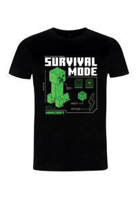 Černé tričko s krátkým rukávem s motivem zeleného Minecraft creepera a nápisem "SURVIVAL MODE" v tučném bílém a zeleném provedení spolu s herními detaily.
