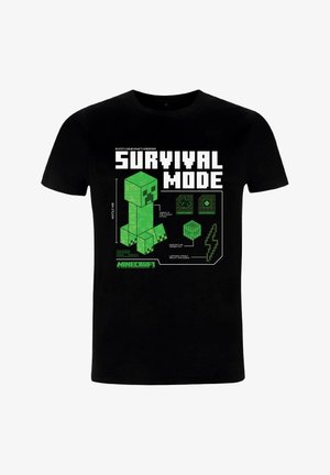 Zwart T-shirt met korte mouwen, met een groene Minecraft Creeper-illustratie en de tekst "SURVIVAL MODE" in dikke witte en groene letters, naast details uit het spel.