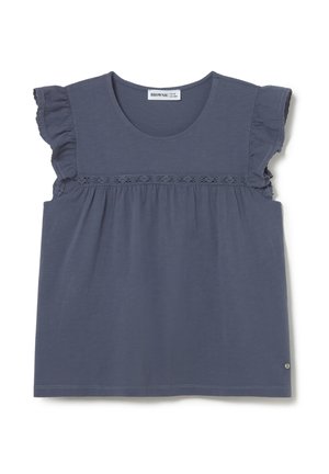 Sleeveless dark gray top with ruffled shoulders and lace trim across the chest, featuring a round neckline and gathered fabric below the trim.