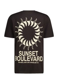 Black cotton t-shirt featuring a large white graphic sun design and the text "SUNSET BOULEVARD SILVER LAKE LOS ANGELES CA" below.