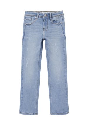 Lyseblå børnejeans med lige ben, forlommer, bæltestropper, knap og let falmede detaljer på benene.