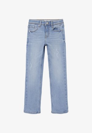 Jean enfant bleu clair droit avec poches avant, passants de ceinture, bouton et léger effet délavé sur les jambes.