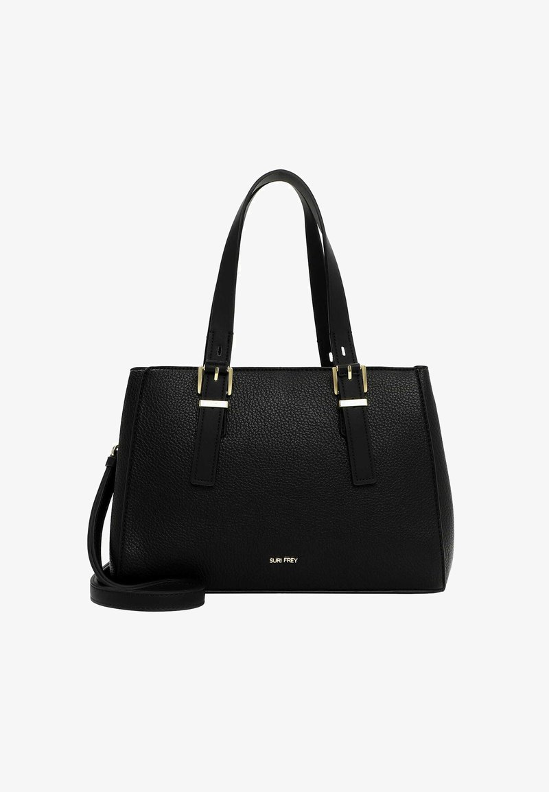 Czarna skórzana torebka o teksturowanej powierzchni, z dwoma krótkimi rączkami i odpinanym paskiem na ramię. Posiada złote akcenty i oznaczenie marki.