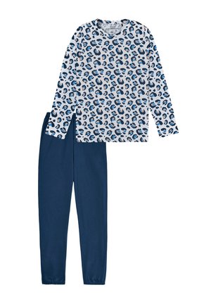 Langärmliges Oberteil mit Leopardenmuster in Hellgrau mit blauen und braunen Akzenten, kombiniert mit navyblauen Hose mit elastischem Bund. Weiches Baumwollmaterial.