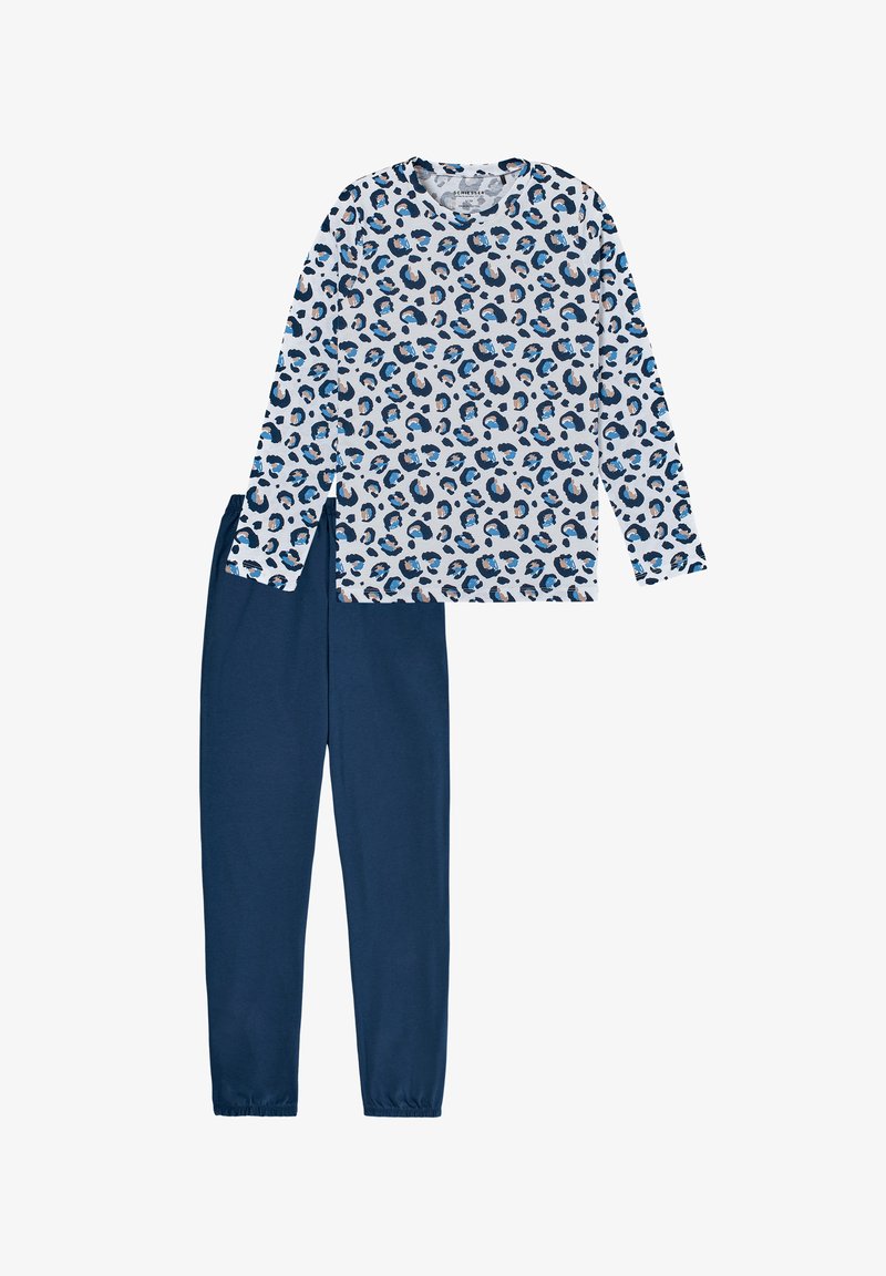 Leopard print long-sleeve top in light gray with blue and brown accents, paired with navy blue elastic waist pants. Soft cotton material.