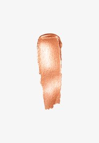 Rosa guld metallisk krämfärg prov, slät textur, applicerad i en vertikal strykning med reflekterande skimrande, på en vit bakgrund.