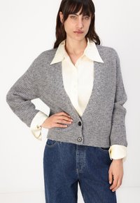 Cardigan grigio lavorato a maglia con scollo a V profondo, texture a coste e due bottoni neri. Indossato su una camicetta bianca con colletto a puntale.