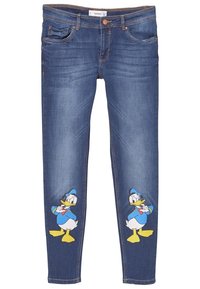 Denim skinny jeans in dark blue with two embroidered Donald Duck designs on the legs, featuring color details in blue, yellow, and red.