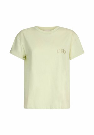 T-shirt in cotone giallo chiaro con scollatura rotonda, maniche corte e un elegante logo LIUJO ricamato in un filo a contrasto sul lato sinistro del petto.