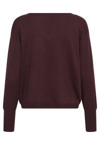 Pull marron foncé à manches longues avec un large col, poignets côtelés et ourlet, montré de dos sur fond blanc.