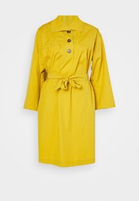 Abito di cotone giallo con colletto, tre bottoni e vita con cintura. Presenta maniche lunghe e un dettaglio arricciato nel corpetto.