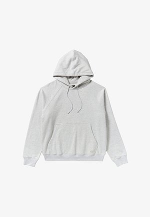 Szara bluza z kapturem, wykonana z miękkiego materiału, z dużą kieszenią z przodu, sznurkiem do ściągania w kapturze oraz ściągaczami na rękawach i u dołu. Klasyczny design bez zamka.