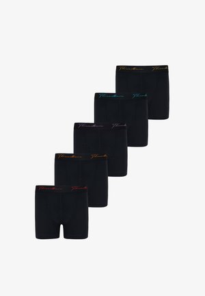 Conjunto de bóxers negros con cinturas bordadas de colores. Cada par presenta un color diferente: amarillo, turquesa, púrpura, rojo y naranja.