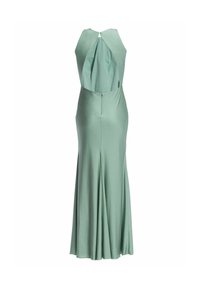 Robe de soirée en satin vert mousse d'écume avec un décolleté halter et une découpe dans le dos, taille cintrée et jupe évasée longue jusqu'au sol.