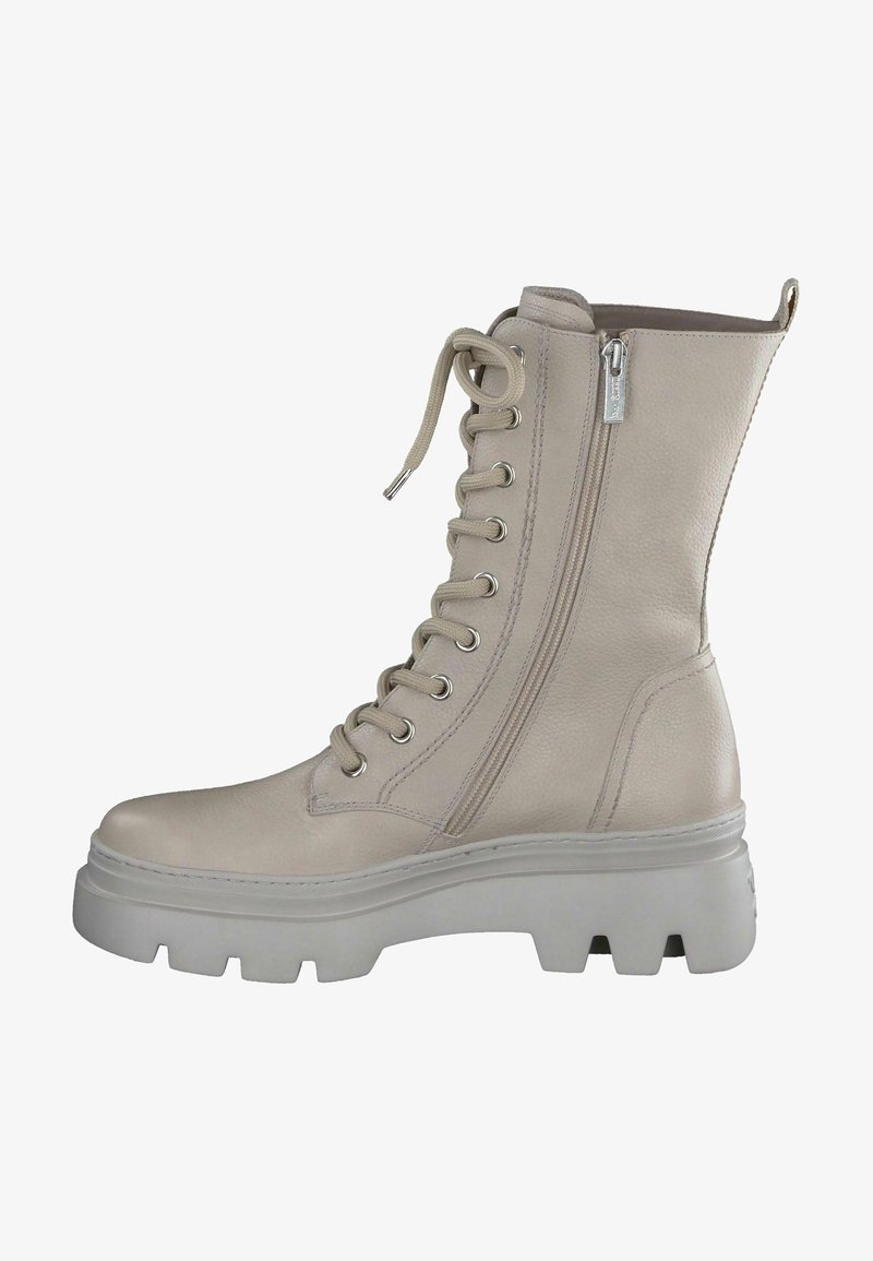 Stivale in pelle beige con lacci, cerniera laterale, punta rotonda, colletto imbottito e suola in gomma bianca spessa con motivo di battistrada.