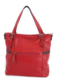 Rode leren tote bag met een gestructureerde afwerking, voorzien van twee schouderbanden, een ritsvak aan de voorkant en een ritssluiting.