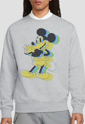 Gray sweatshirt featuring a colorful, cartoon-style graphic of a mouse character, with design elements in blue, yellow, and green.