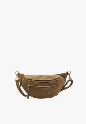 Sac banane en daim brun avec deux compartiments zippés et quincaillerie dorée. Forme courbée et bandoulière ajustable pour un port polyvalent.