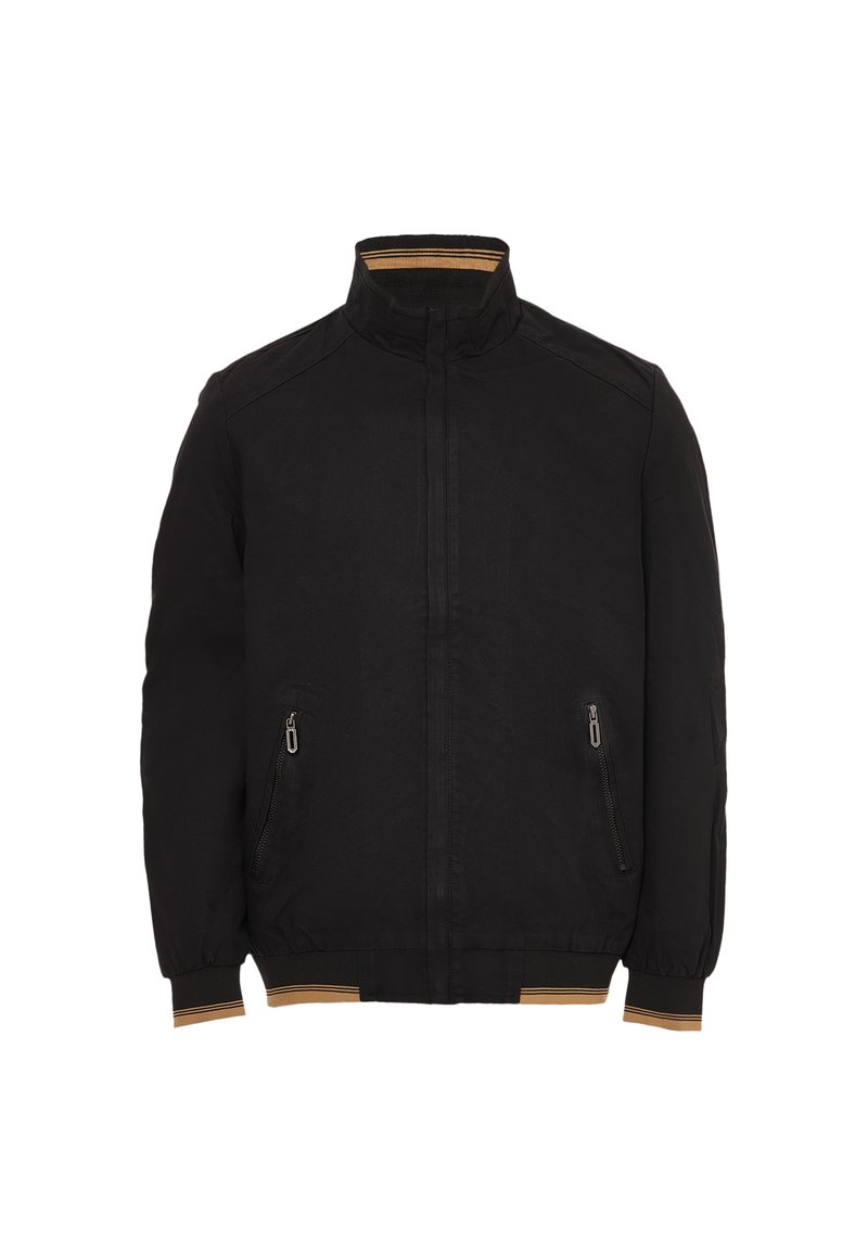 Zwarte zip-up jas met hoge kraag, twee met rits afgesloten zakken en geribbelde manchetten met een tan streep. Zachte stof met een comfortabele pasvorm.