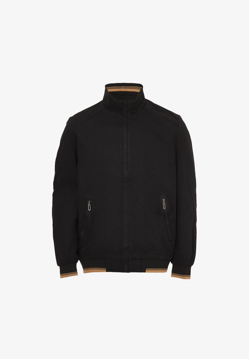 Zwarte zip-up jas met hoge kraag, twee met rits afgesloten zakken en geribbelde manchetten met een tan streep. Zachte stof met een comfortabele pasvorm.