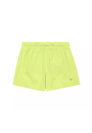 Shorts da bagno giallo neon con vita elastica e cordino, dotati di due tasche laterali e un piccolo logo sulla parte anteriore inferiore.