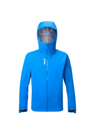 Bright blue waterproof jacket with hood, front zipper, and adjustable wrist straps, designed for outdoor activities.