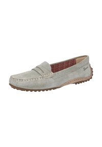 Graue Wildleder Slipper mit einem gesteppten Design, Gummisohle und rotem strukturiertem Futter. Sie verfügen über einen flachen Schuhrand und eine charakteristische Markenkennzeichnung an der Seite.
