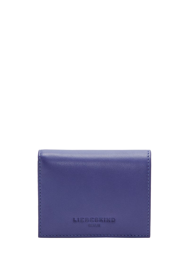 Portefeuille en cuir violet avec une texture lisse, design plié et logo de la marque en relief. Présente des coutures soignées pour plus de durabilité.