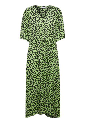 Black dress with a v-neck, short sleeves, and a tie waist. Features a green polka dot pattern and a flowing silhouette. Lightweight fabric.