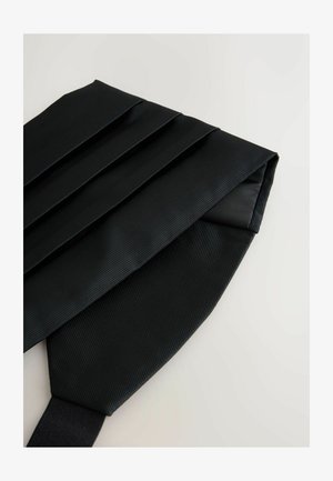 Mustavihreä pleated-solmio, jossa on teksturoitu pinta. Kangas on koristeltu erivärisillä ribbikuvioilla ja siinä on sileä alapuoli. Mukana tulee säädettävä hihna.