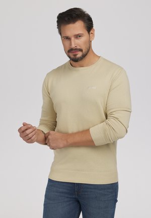 Mężczyzna z krótkimi ciemnymi włosami i brodą, ubrany w beżowy sweter i niebieskie dżinsy, poprawia rękaw na jednolitym jasnoszarym tle.