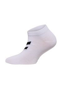 Vita socka i ankellängd gjord av en bomullsblandning, med en ribbad mudd och två svarta ränder på utsidan för designdetalj.