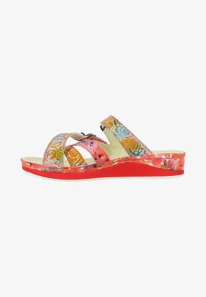Sandales multicolores avec un motif floral, dotées d'une semelle compensée rouge, de brides croisées et d'accents décoratifs le long de la semelle.
