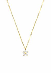Gouden ketting met een stervormige hanger, omringd door zes heldere kristallen en een glanzende gouden setting, aan een schakelkettinkje.
