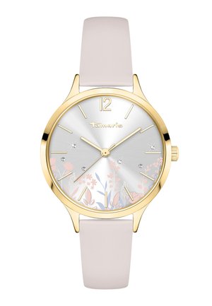 Gold-tone wristwatch with pale pink leather strap, floral design and small crystals on silver dial, gold hour markers and hands.