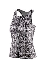 Zwart-wit geprinte mouwloze top met een ritssluiting aan de voorkant, met een geometrisch ontwerp en een gladde textuur.