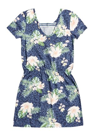 Granatowa sukienka z krótkimi rękawami, ozdobiona wzorem kwiatowym z różowymi kwiatami i zielonymi liśćmi. Elastyczna talia dla dopasowanego kroju.